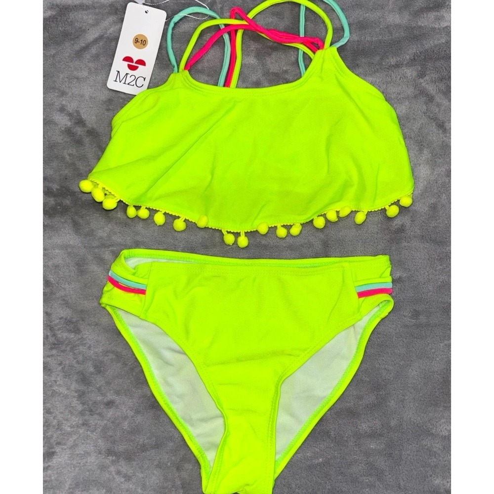 M2C 2-Piece‎ Bikini Set Swimsuit Girls 9-10 Neon Lime Green Pom Pom Cross Strap